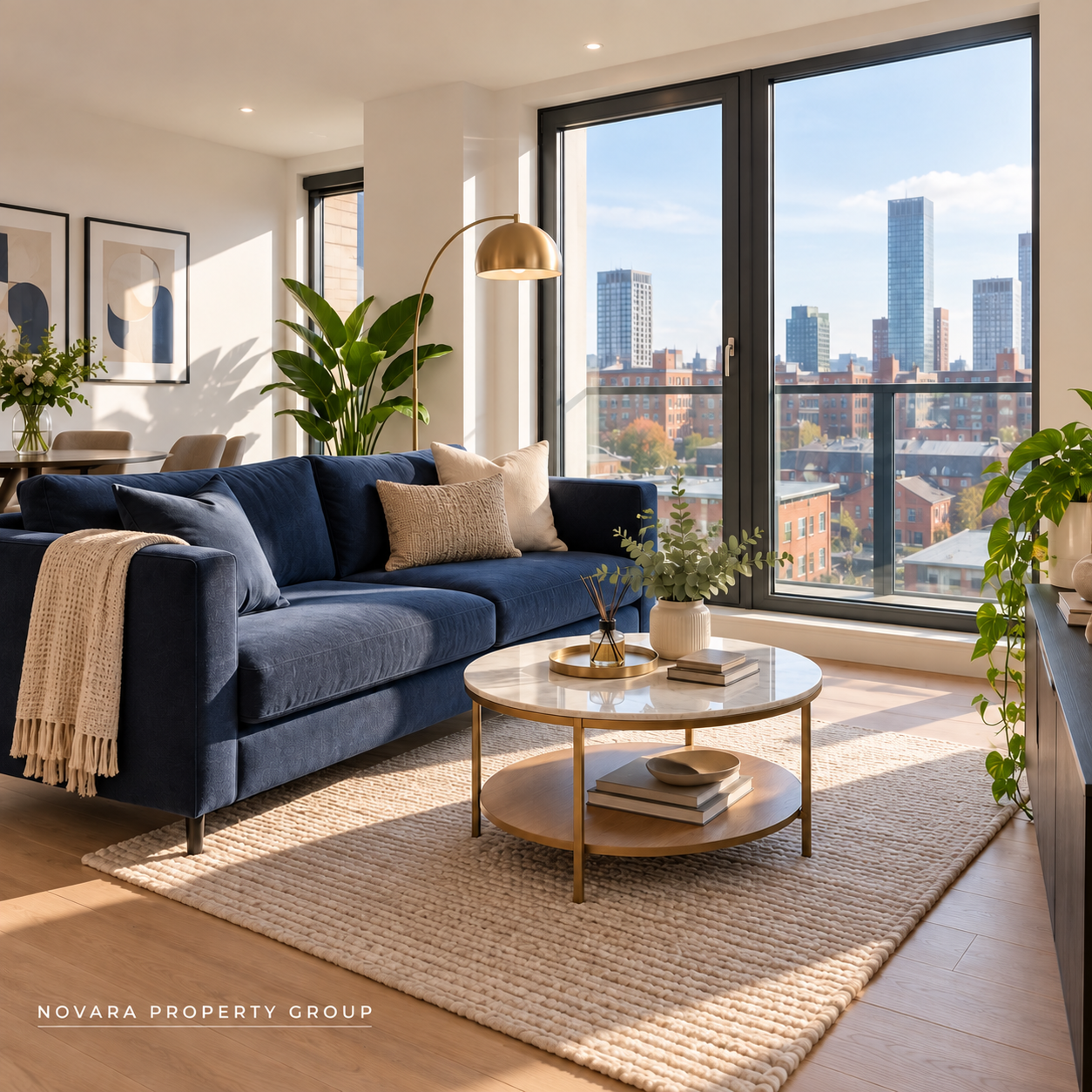 A welcoming living room with city views